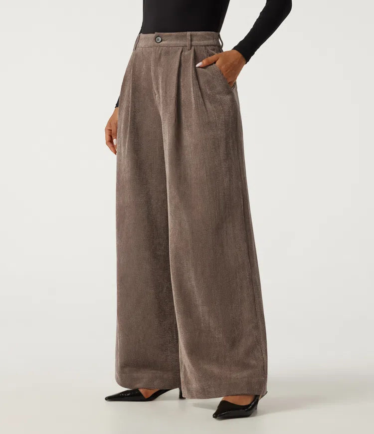 High Waisted Wide Leg Corduroy Work Trousers with Pockets