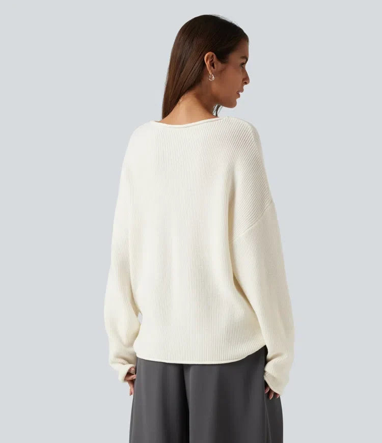 Round Neck Long Sleeve Rolled Hem Work Jumper