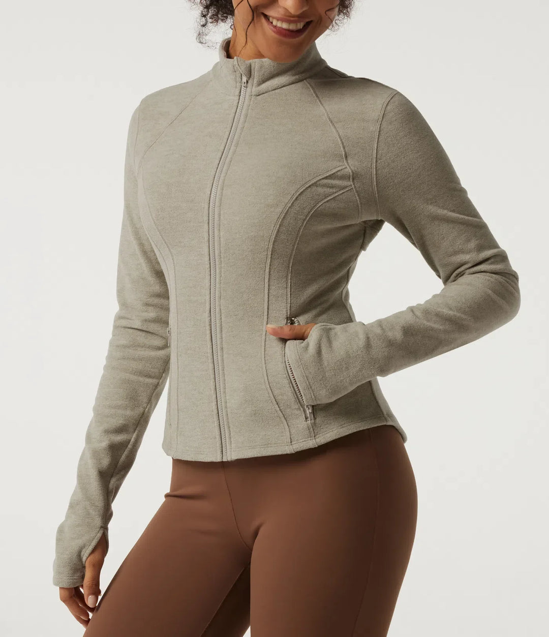 Stand Collar Long Sleeve Fleece Workout Jacket with Pockets and Thumb Holes
