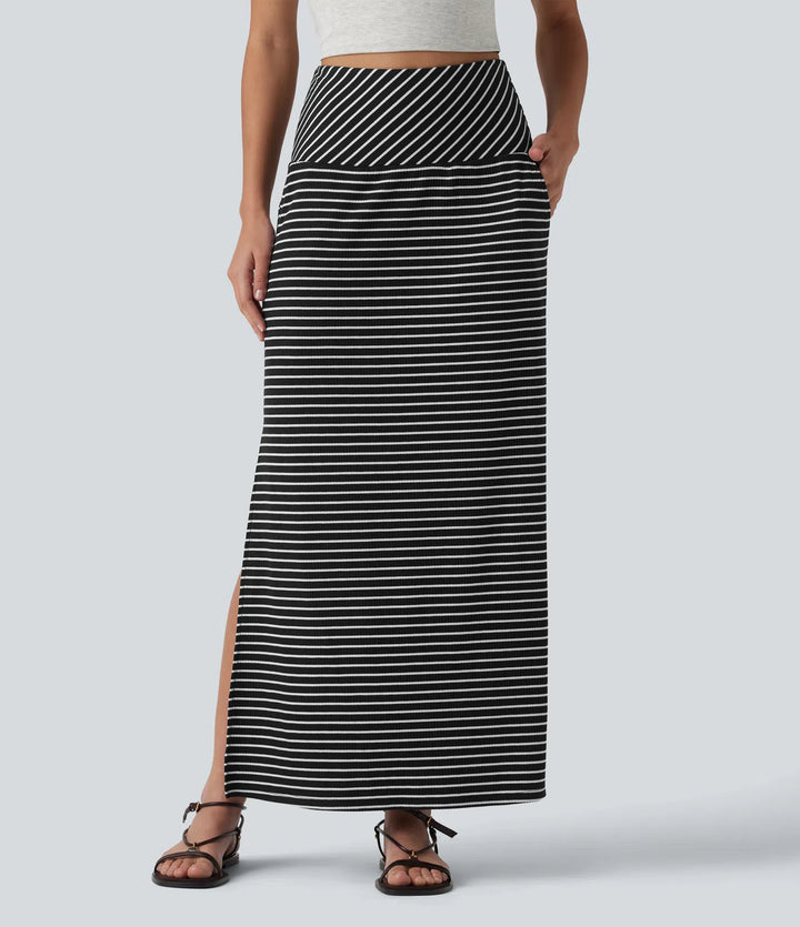 High Waisted Tummy Control Split Stripes Maxi Casual Skirt with Pockets