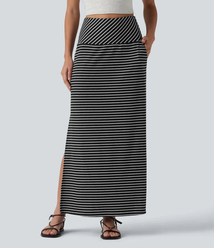 High Waisted Tummy Control Split Stripes Maxi Casual Skirt with Pockets