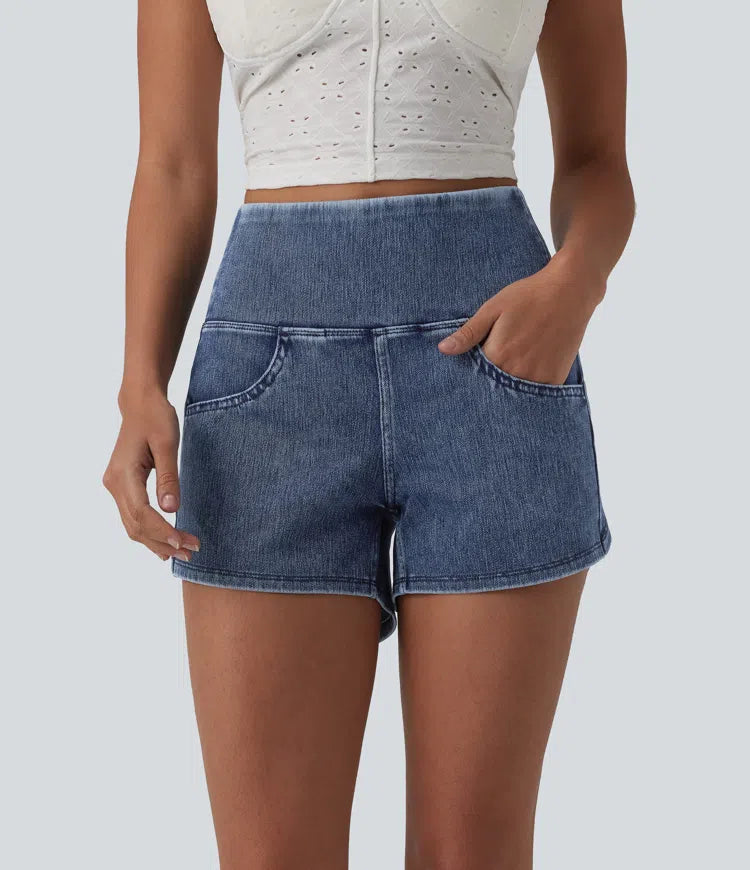 Halara Flex High Waisted Tummy Control Curved Hem Skinny Denim Casual Shorts with Pockets