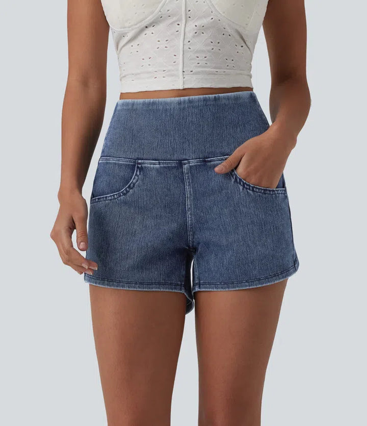 Halara Flex High Waisted Tummy Control Curved Hem Skinny Denim Casual Shorts with Pockets