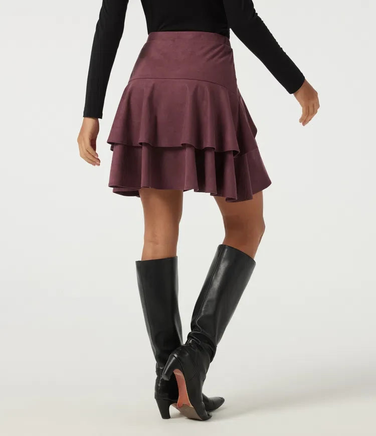 High Waisted Asymmetric Ruffle Hem Suede A-Line Casual Mini Skirt with Built-in Shorts and Pocket