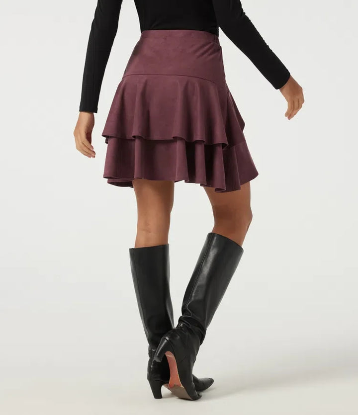 High Waisted Asymmetric Ruffle Hem Suede A-Line Casual Mini Skirt with Built-in Shorts and Pocket