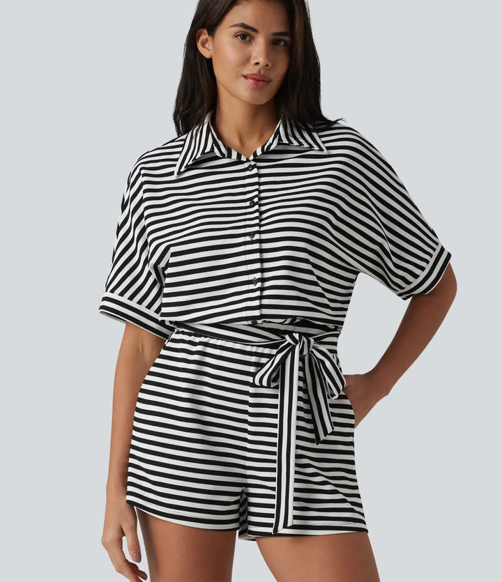 Half Sleeve Belted Stripe Waffle Casual Romper with Pockets-Easy Peezy Edition