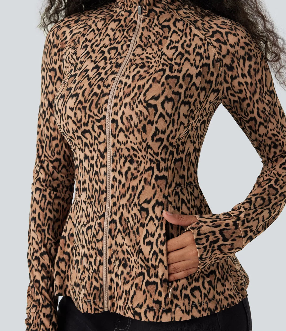 Halara UltraSculpt Leopard Print Stand Collar Long Sleeve Thumb Hole Casual Jacket with Pockets