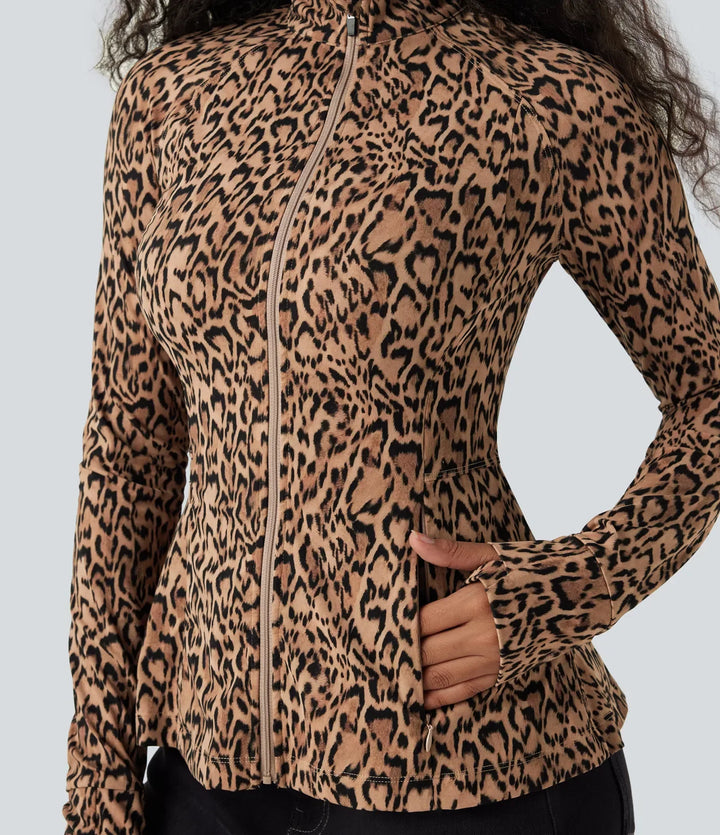 Halara UltraSculpt Leopard Print Stand Collar Long Sleeve Thumb Hole Casual Jacket with Pockets