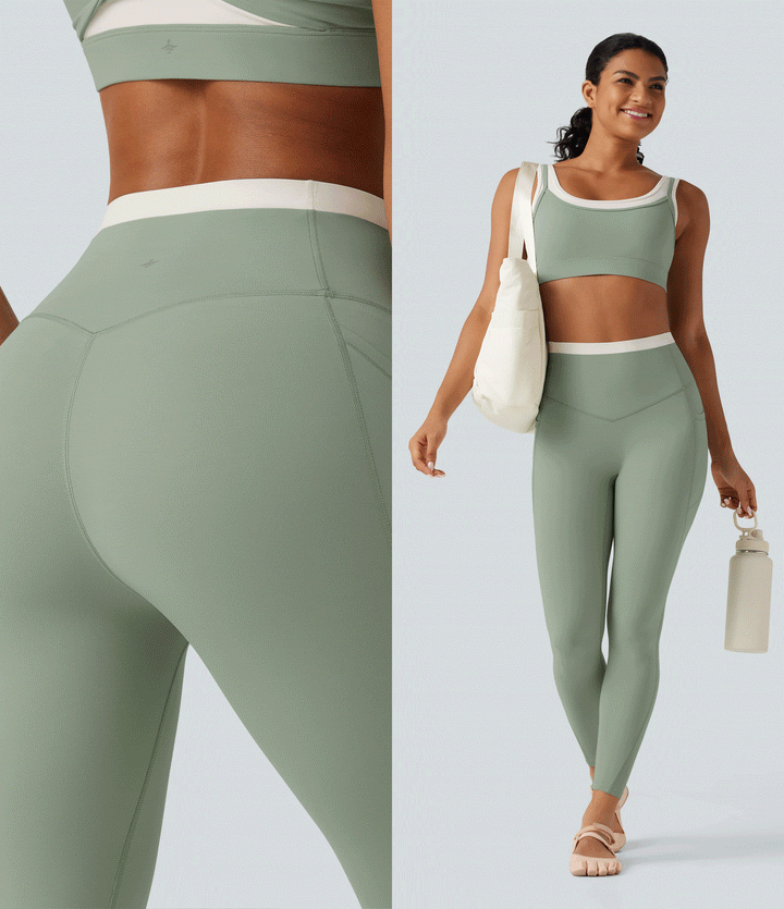 Halara UltraSculpt High Waisted Tummy Control colourBlock Skinny Yoga Leggings with Pockets