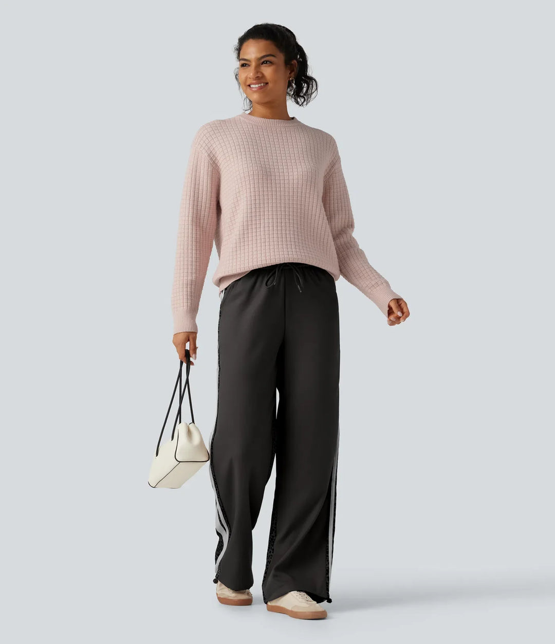 Round Neck Long Sleeve Waffle Casual Jumper