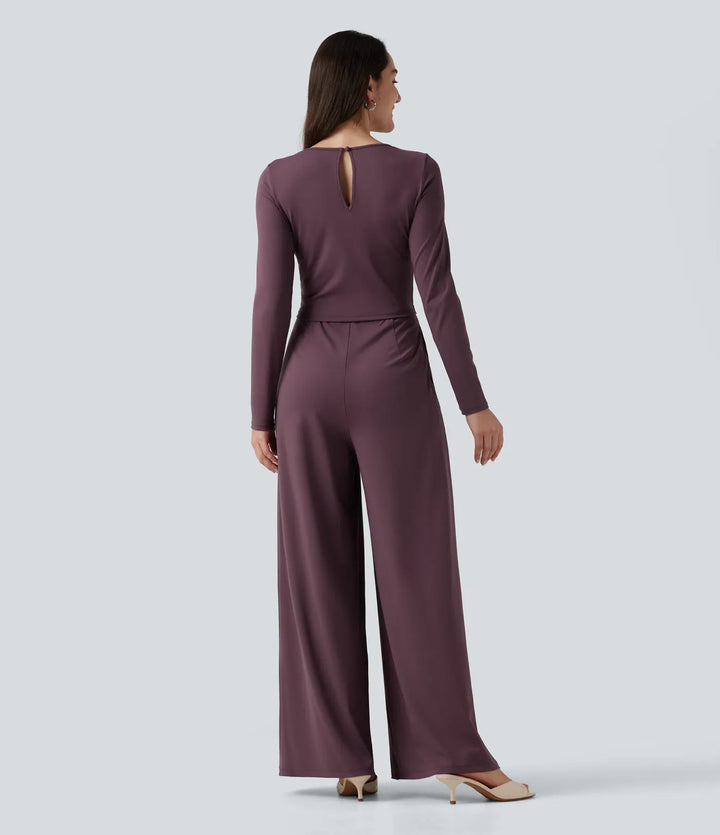 Round Neck Long Sleeve Wide Leg Casual Jumpsuit with Pockets-Easy Peezy Edition