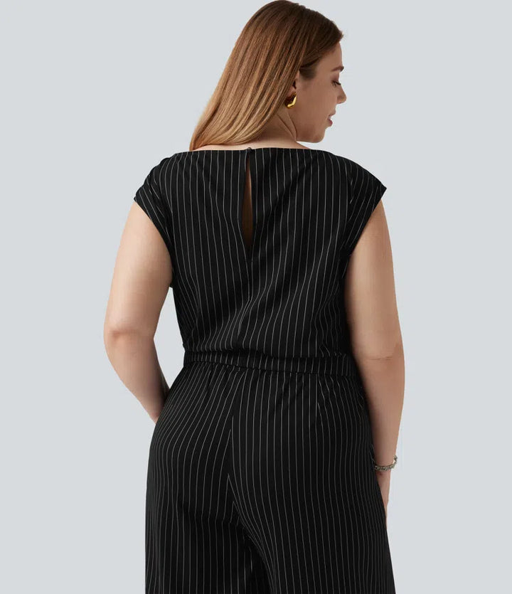 Plus Size Boat Neck Sleeveless Tie Side Cool Touch Stripe Work Jumpsuit with Pockets-Easy Peezy Edition