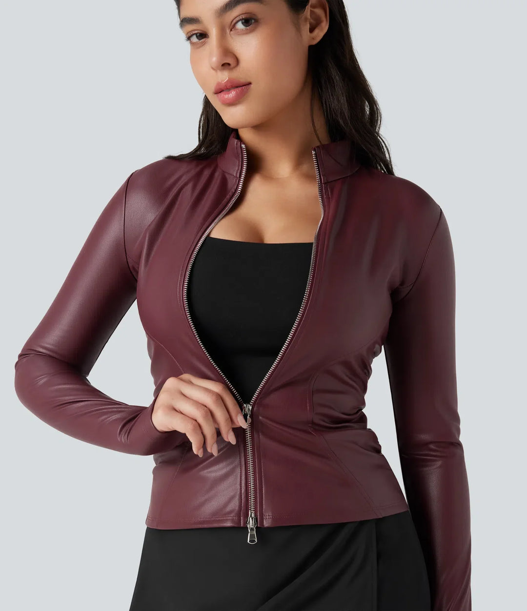 Stand Collar Long Sleeve Thumb Hole Fleece Casual PU Leather Jacket