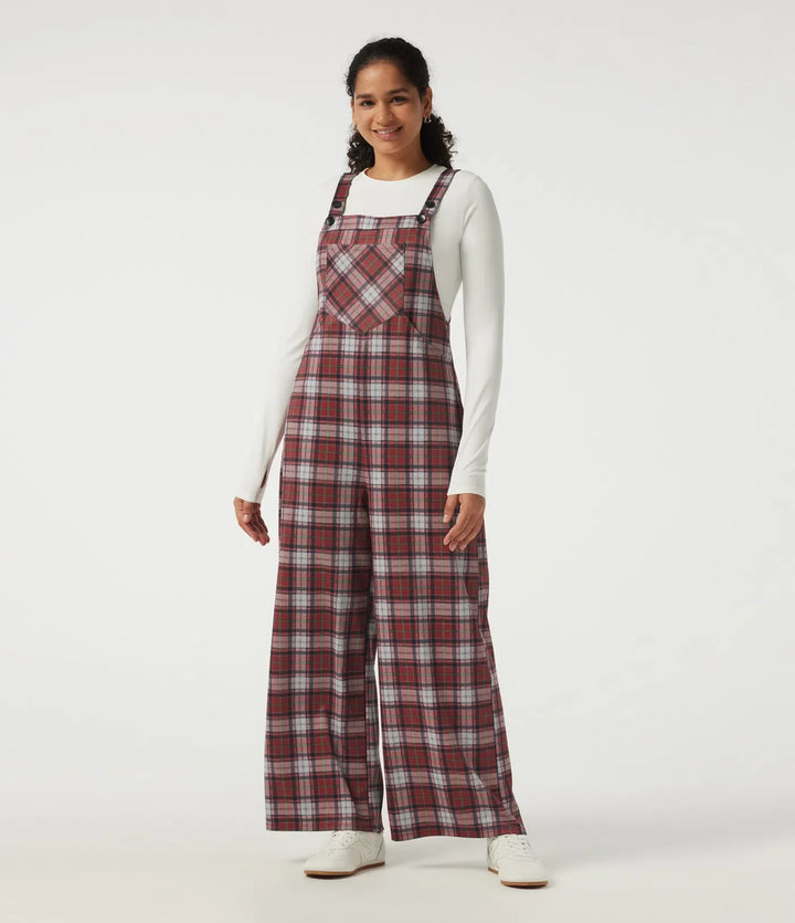 Square Neck Plaid Wide Leg Overalls with Pockets