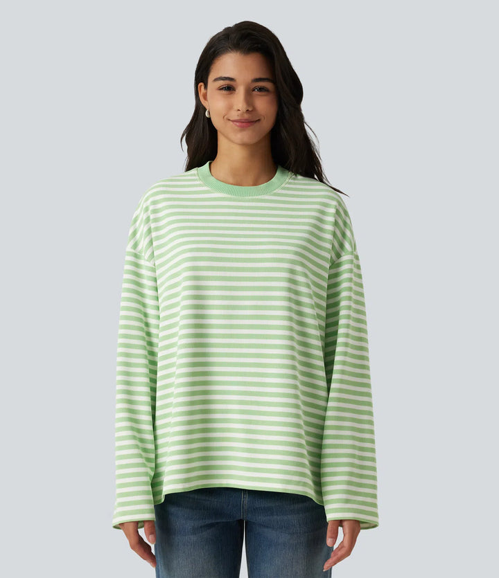Round Neck Long Sleeve Stripe Waffle Casual Top