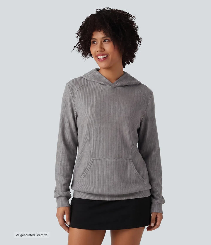 Ribbed Hooded Long Sleeve Casual Sweatshirt with Pocket