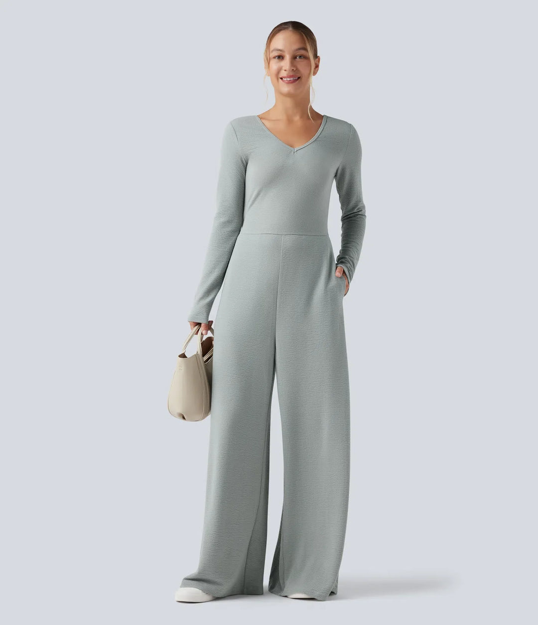 V Neck Long Sleeve Casual Jumpsuit with Pockets-Easy Peezy Edition
