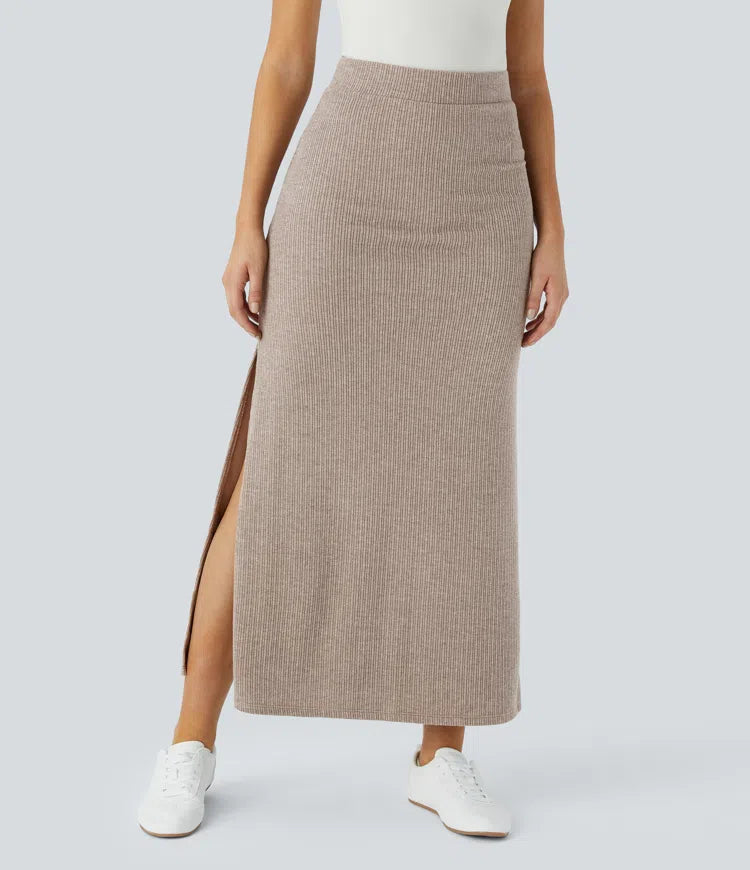 Ribbed High Waisted Hem A Line Maxi Fleece Casual Skirt