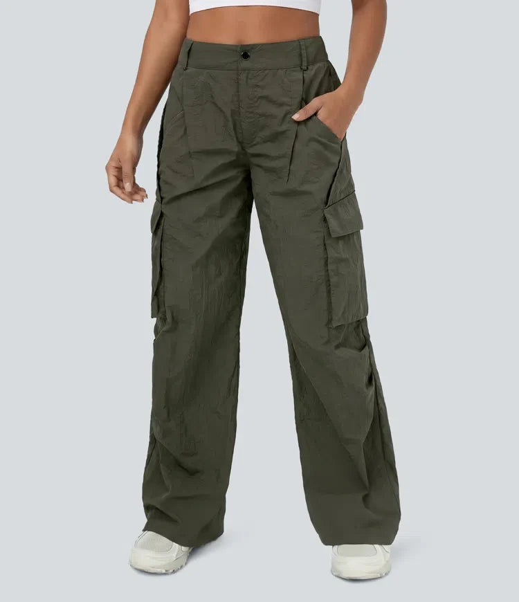 Mid Rise Button Zipper Side Pocket Wide Leg Baggy Casual Cargo Trousers