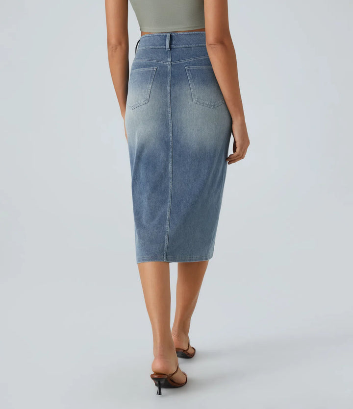 Halara Flex High Waisted Pockets Bodycon Washed Denim Casual Midi Skirt