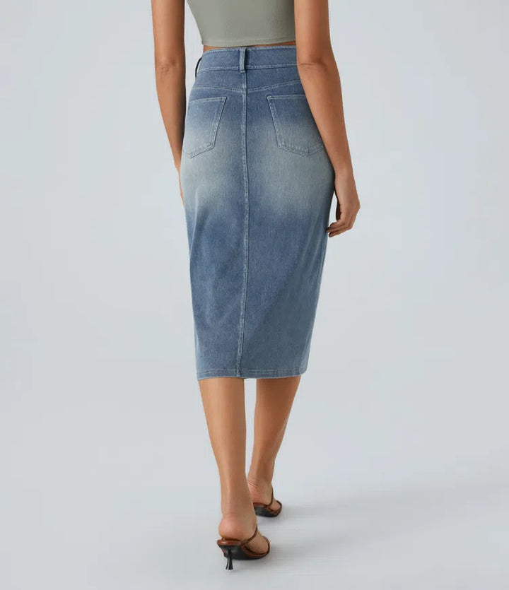 Halara Flex High Waisted Pockets Bodycon Washed Denim Casual Midi Skirt