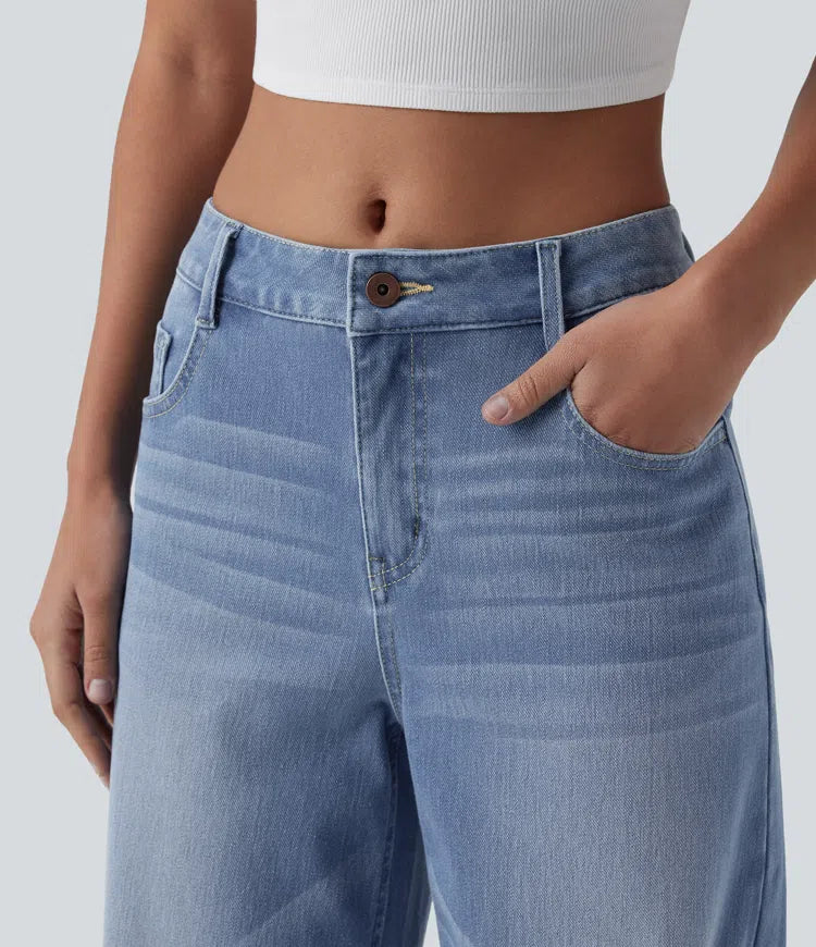 Halara Flex Mid Rise Washed Baggy Wide Leg Casual Jeans with Pockets