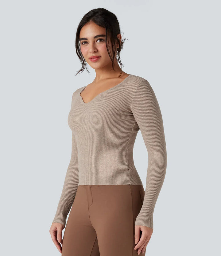 Ribbed Knit Sweetheart Neck Long Sleeve Work Jumper