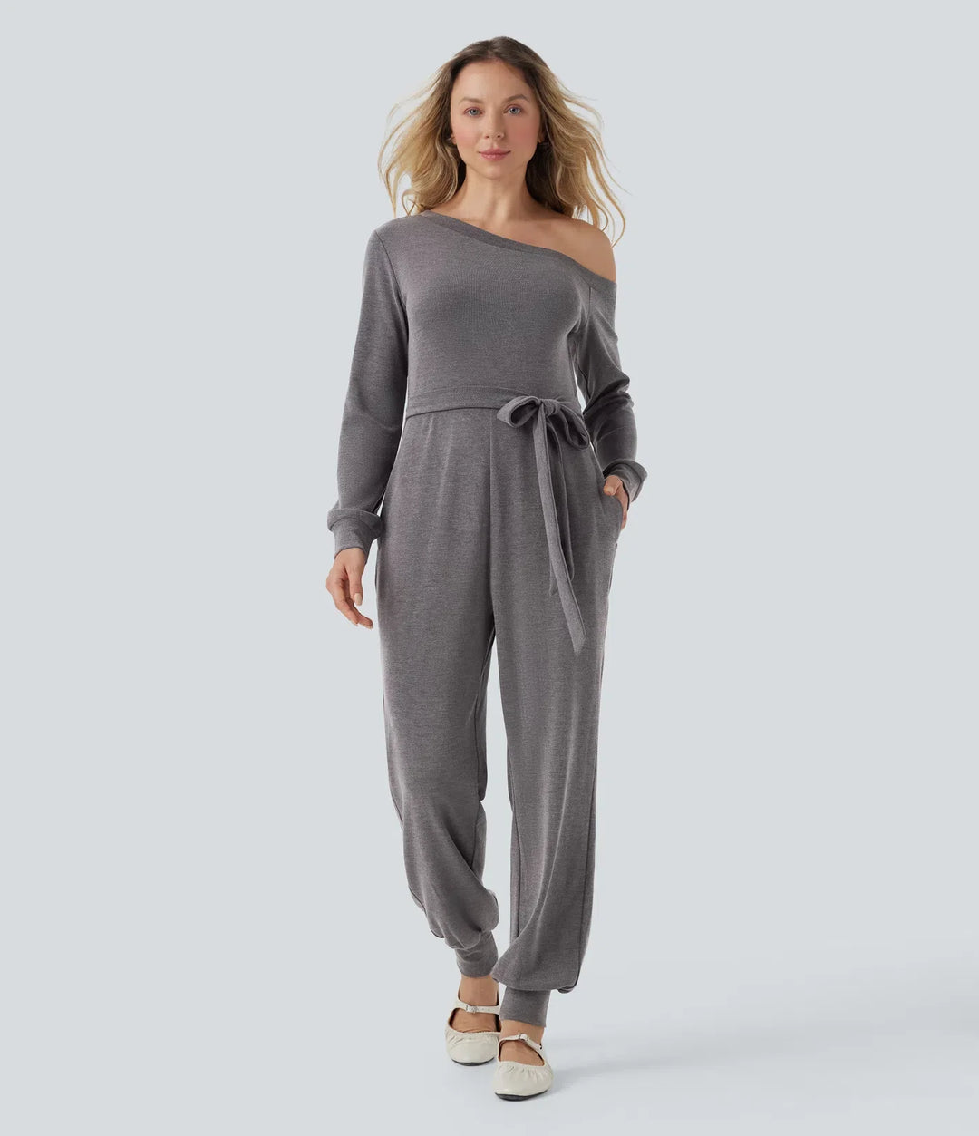Off-Shoulder Long Sleeve Tie Casual Jumpsuit with Pockets