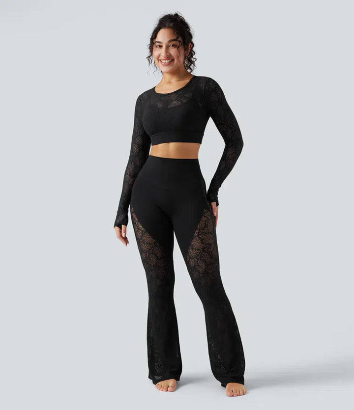 Halara UltraSculpt High Waisted Tummy Control Contrast Lace Yoga Flare Trousers with Pocket