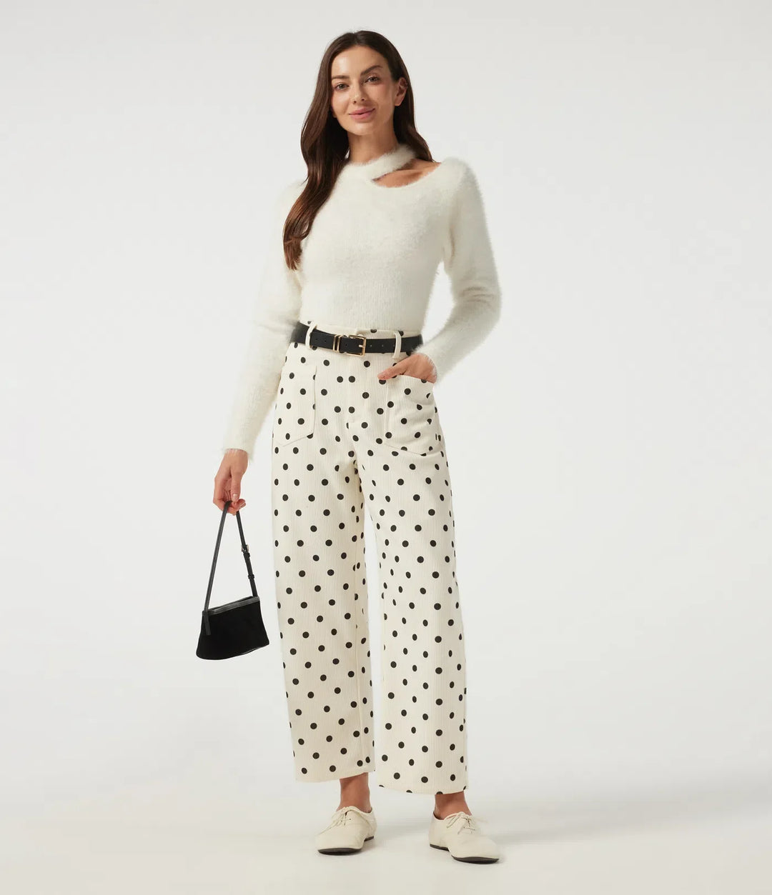 Mid Rise Barrel Leg Polka Dot Corduroy Casual Trousers with Pockets