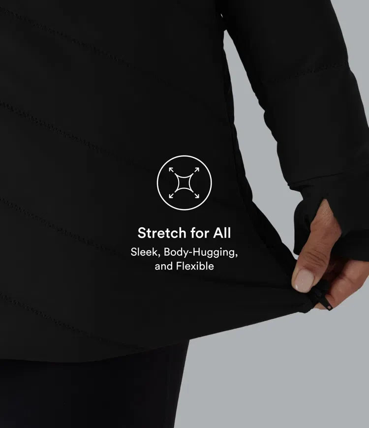 PuffFlex Stand Collar Long Sleeve Thumb Holes Zip Hem Stretchy Slim Casual Quilted Jacket with Pockets
