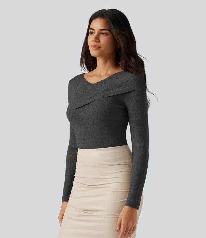 V Neck Long Sleeve Crossover Thumb Hole Casual Jumper