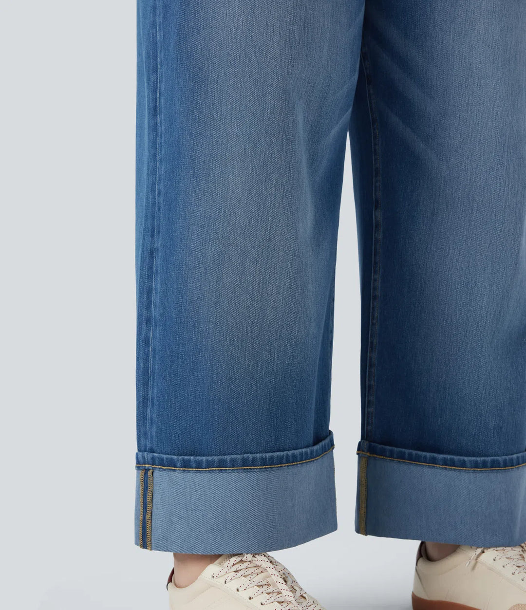 Plus Size Halara Flex High Waisted Wide Leg Rolled Hem Washed Stretchy Knit Casual Jeans with Pockets