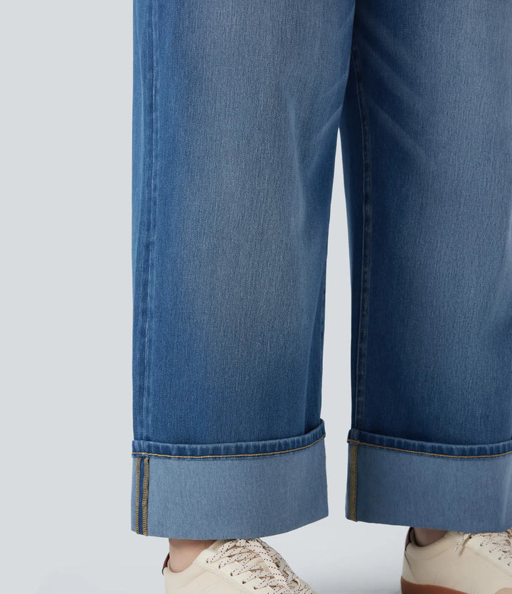 Plus Size Halara Flex High Waisted Wide Leg Rolled Hem Washed Stretchy Knit Casual Jeans with Pockets
