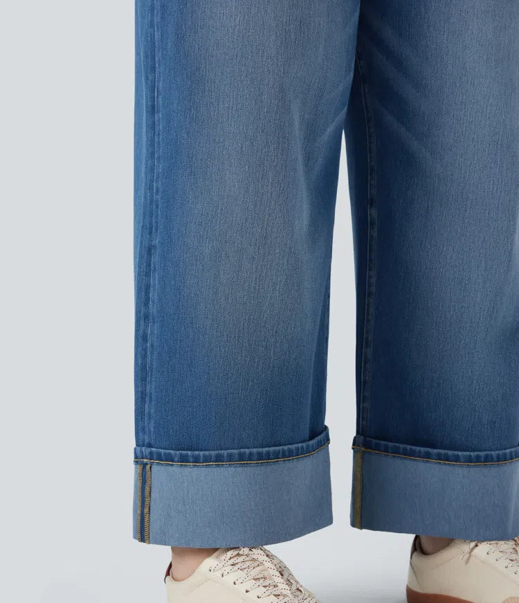 Plus Size Halara Flex High Waisted Wide Leg Rolled Hem Washed Stretchy Knit Casual Jeans with Pockets