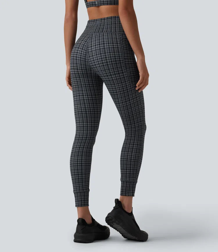 Halara UltraSculpt Check Plaid Print High Waisted Drawstring Yoga Leggings with Pockets