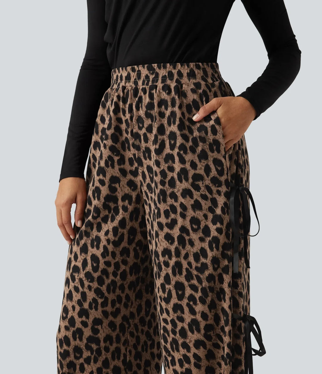 High Waisted Leopard Print Waffle Wide Leg Casual Trousers with Pockets