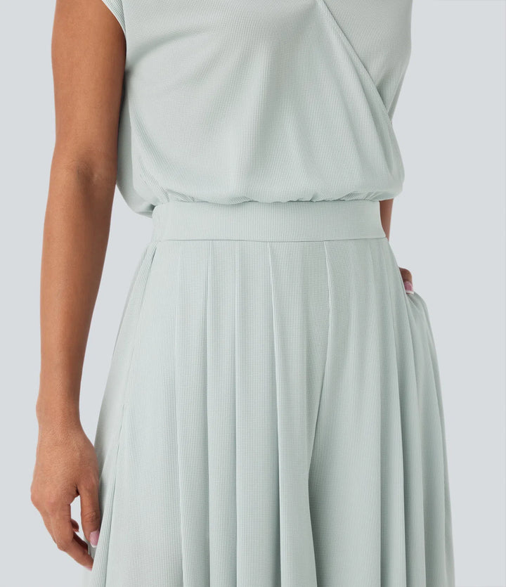 V Neck Short Sleeve Pocket Wide Leg Flowy Waffle Casual Jumpsuit-Easy Peezy Edition