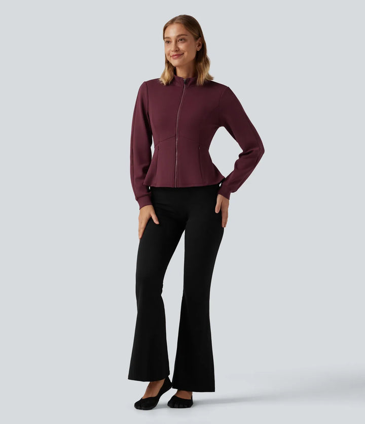 SpacerTek Stand Collar Zip Fly Long Sleeve Ruffle Hem Yoga Jacket with Pockets