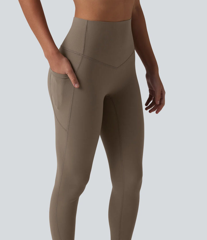 Halara UltraSculpt High Waisted Tummy Control Contrast Ribbed Yoga 7/8 Leggings with Pockets
