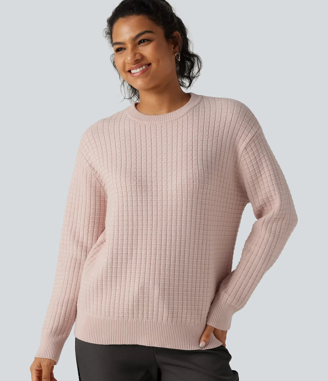 Round Neck Long Sleeve Waffle Casual Jumper