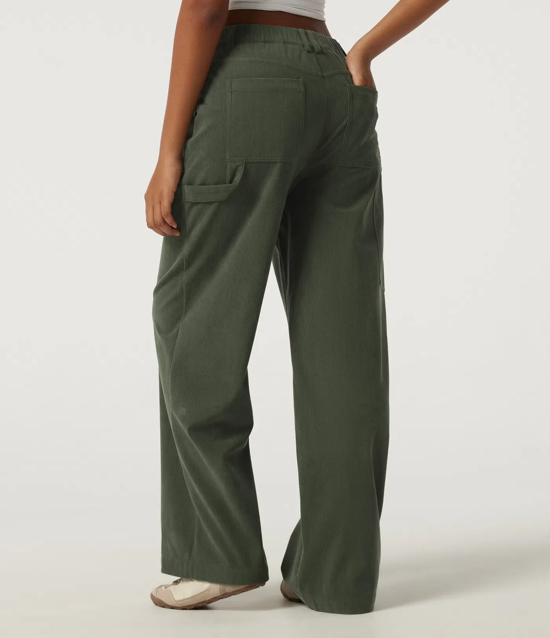 Mid Rise Wide Leg Corduroy Casual Trousers with Pockets