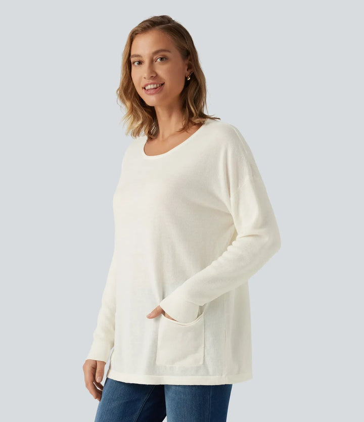 Round Neck Long Sleeve Casual Jumper with Pockets