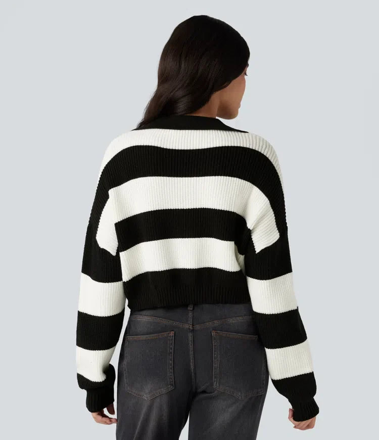 V-neck Long Sleeve Stripe Relaxed Casual Jumper