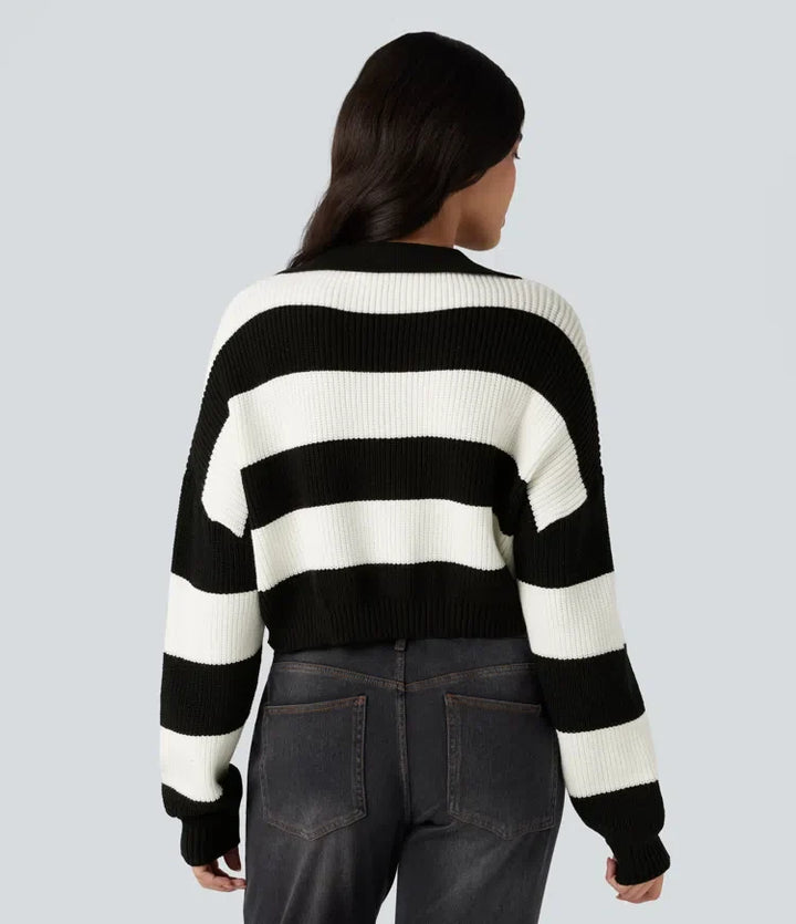 V-neck Long Sleeve Stripe Relaxed Casual Jumper