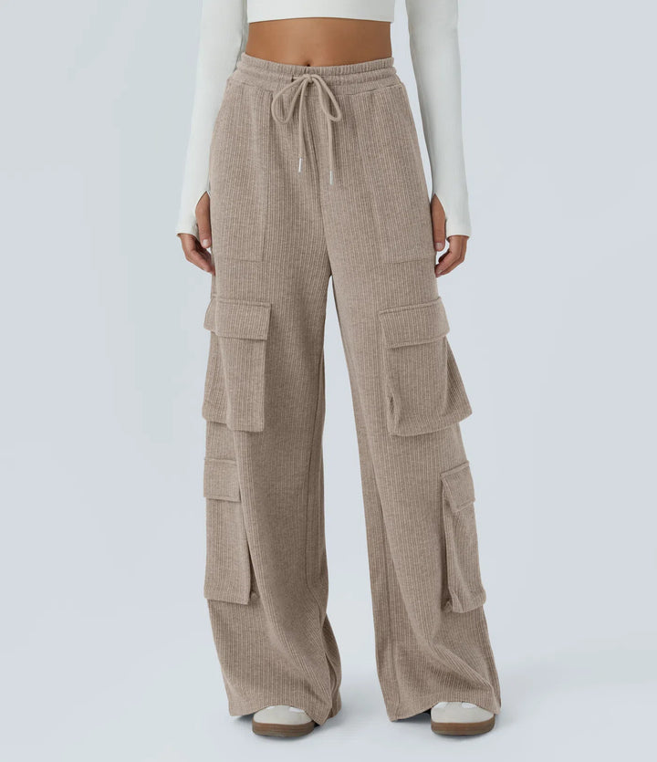 Ribbed Mid Rise Drawstring Pockets Wide Leg Cargo Casual Trousers