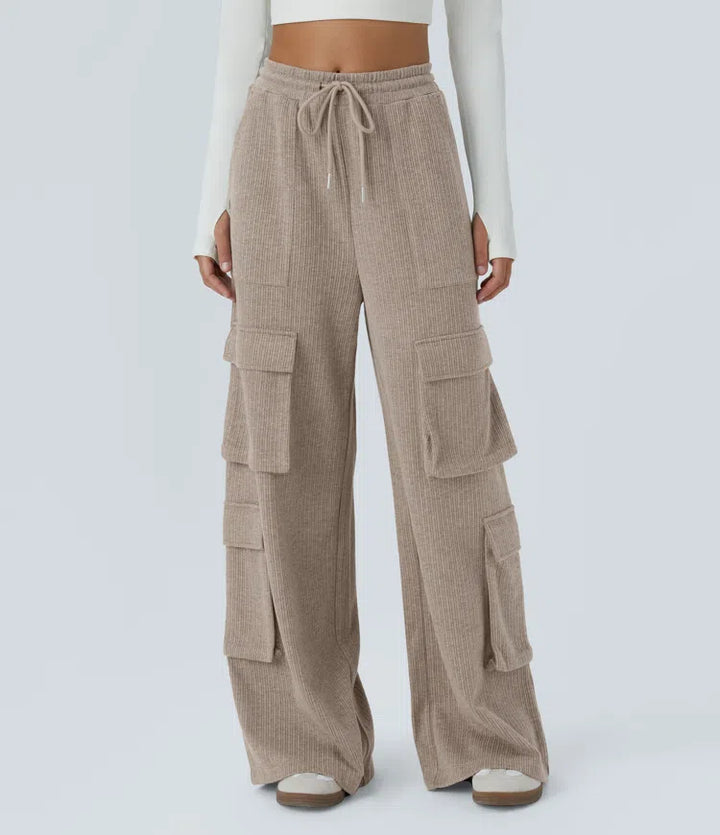 Ribbed Mid Rise Drawstring Pockets Wide Leg Cargo Casual Trousers