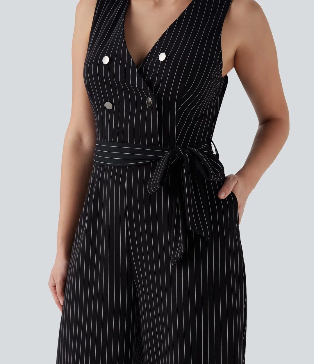 V Neck Sleeveless Belted Stripe InstantCool Work Jumpsuit with Pockets-Easy Peezy