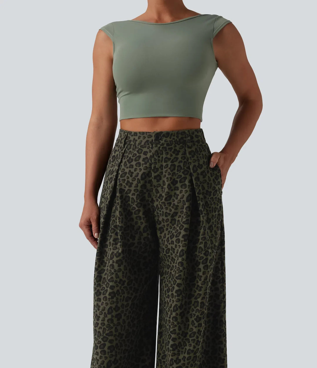 Mid Rise Wide Leg Baggy Leopard Print Casual Trousers with Pockets