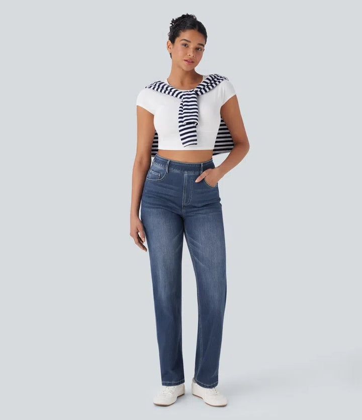 Halara Flex High Waisted Tummy Control Pockets Straight Leg Washed Casual Jeans